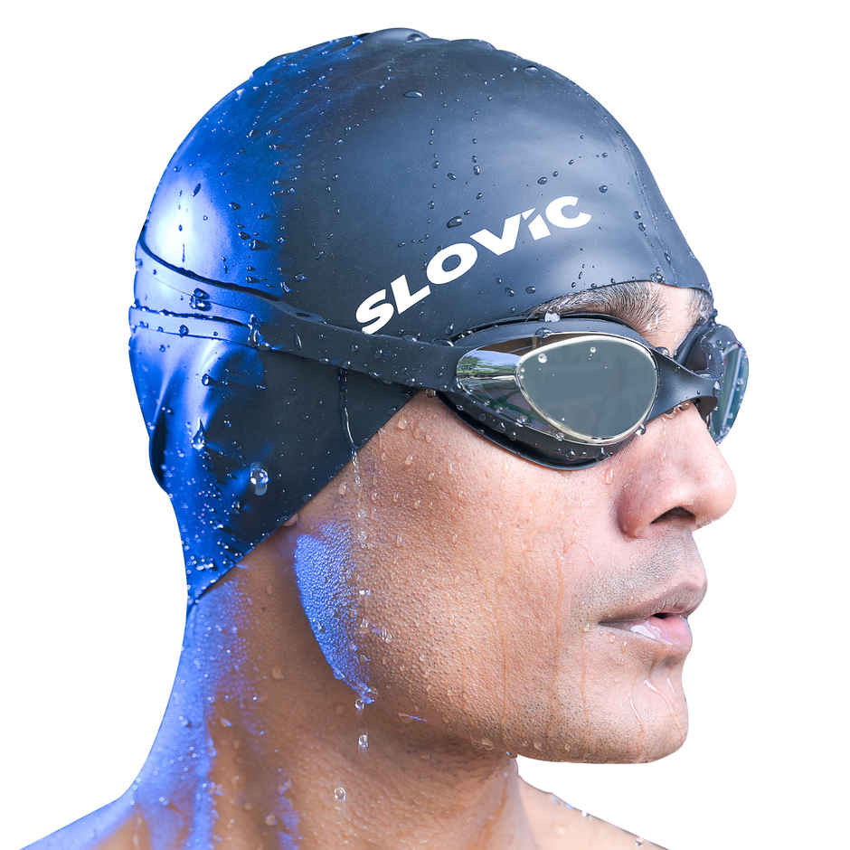 Slovic Swimming Goggles & Cap Kit for Pool and Swim Training - Black