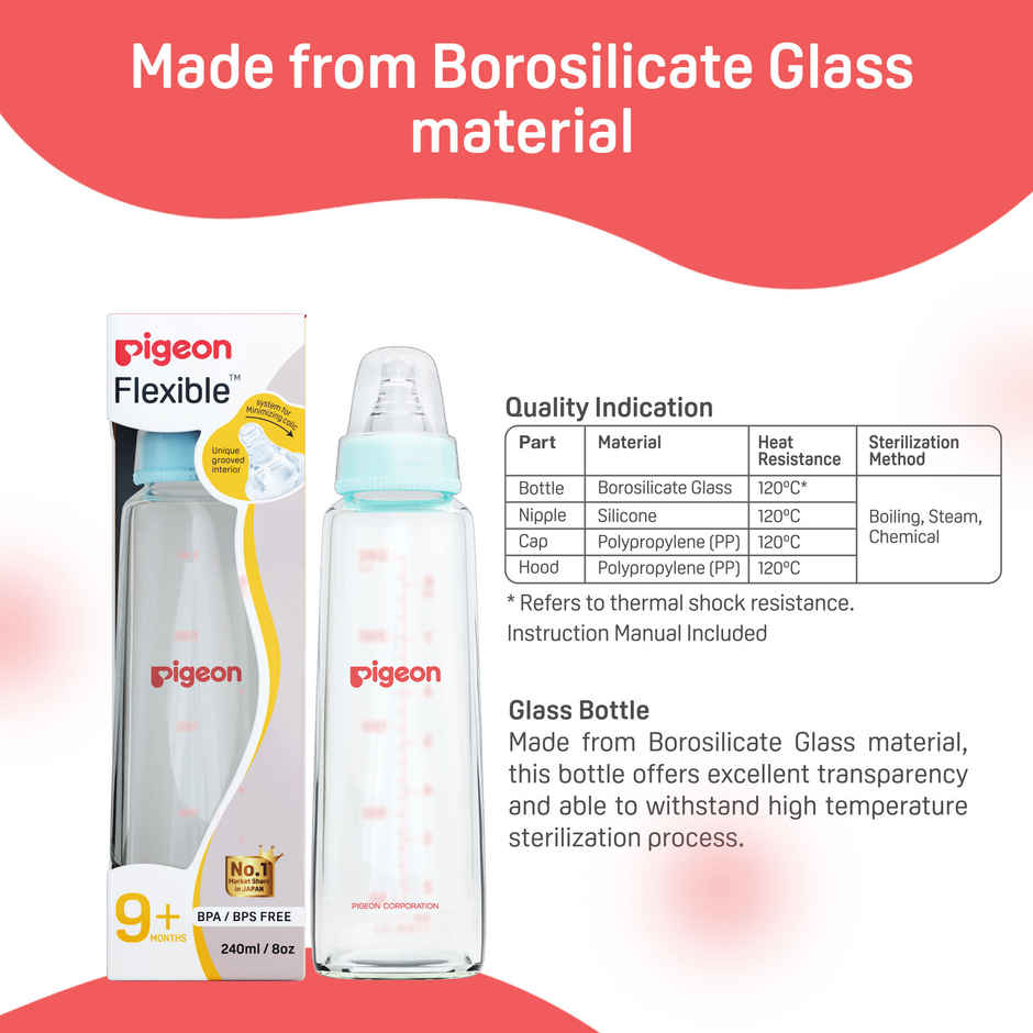 Pigeon Baby Care Glass Feeding Bottle | 240ml | Pale Blue Nipple L