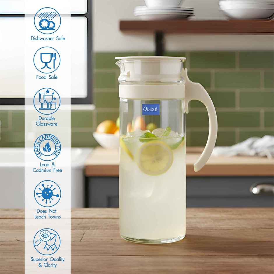 Ocean Patio Pitcher Water Glass Jug | 1.265 L | Transparent | White Lid