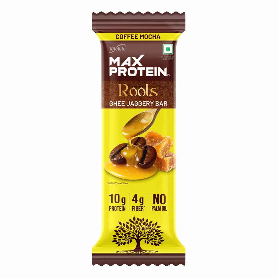 Max Protein Roots Ghee Jaggery 10g Protein Bar | Coffee Mocha | No Palm Oil | 4g Fiber
