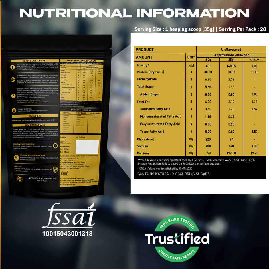 NAKPRO Whey Gold Protein Concentrate Trustified Certified | Unflavored