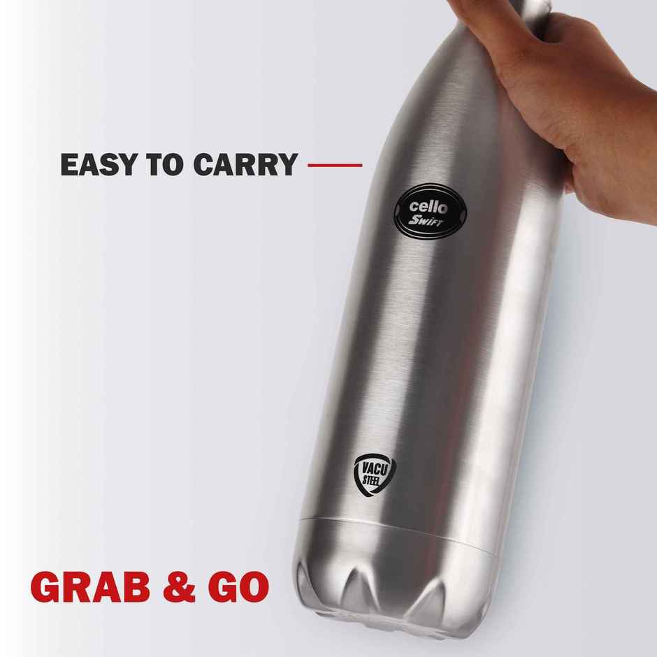 Cello Swift Thermosteel Bottle 1 L | Silver | Double Wall Vacuum Flask | Keeps Drinks Hot/Cold 24H