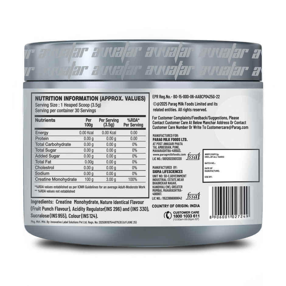 Avvatar Creatine Monohydrate Fruit Punch Flavor | 30 Servings