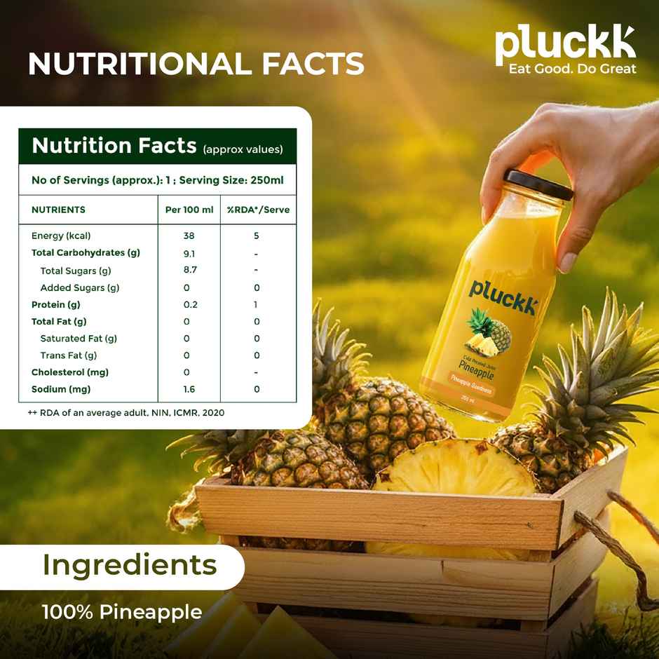 Pluckk Cold Pressed Extracted Pineapple Juice | No Preservatives | No Added Sugar