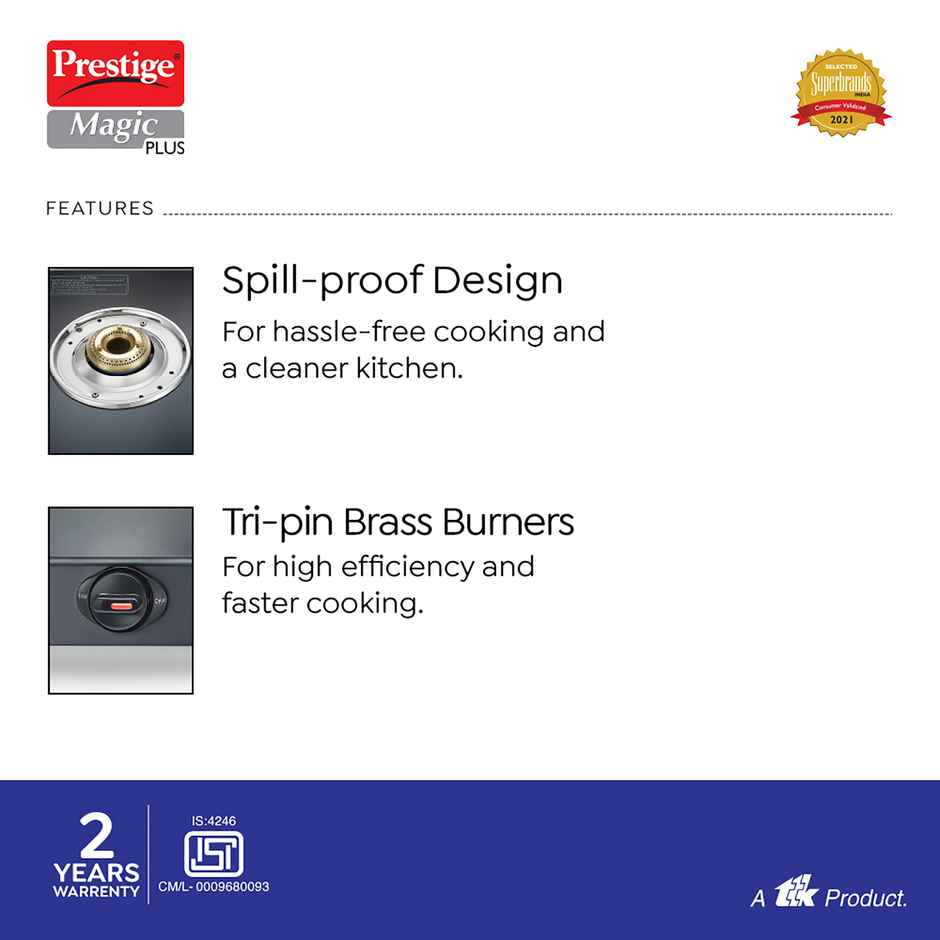Prestige Magic Plus GTMP 03 LP Gas Stove,3Brass Burners,Toughened Black-Glass Top,2Y Warranty,Black