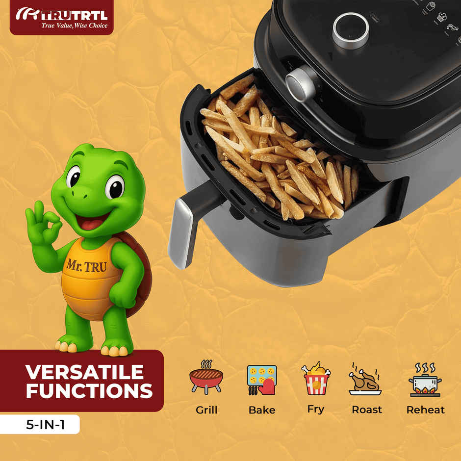 truTRTL Manual Air Fryer for Home | Actual 4.5 Liter | 1400 Watt | 1 Year Warranty | Uses 90% less Oil | Time & Temp Control Knobs | Glossy Black