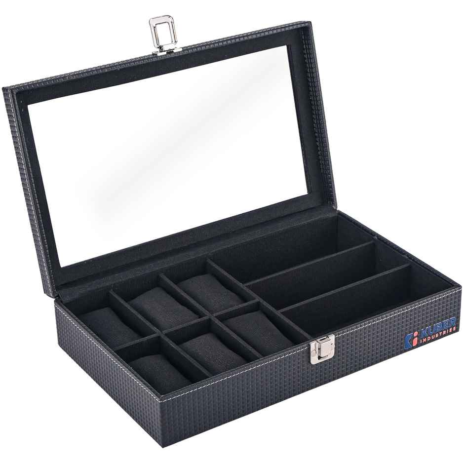 Kuber Industries Premium Faux Leather 6+3 Slots Watch Organizer | Sunglasses& Watch Storage | Black