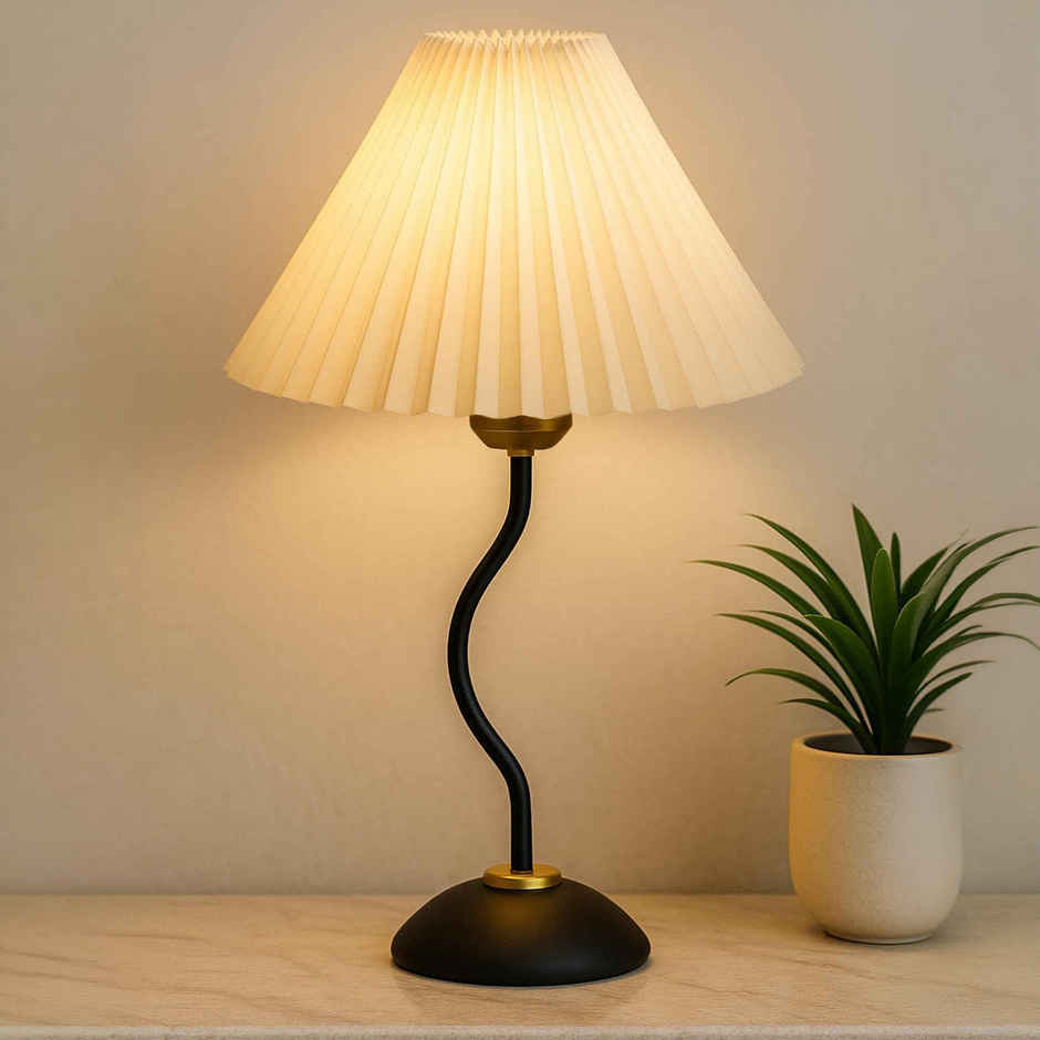 Homesake Matt Black Twister Metal Bedside Lamp | Pleated Off-White Shade | Modern Table Light