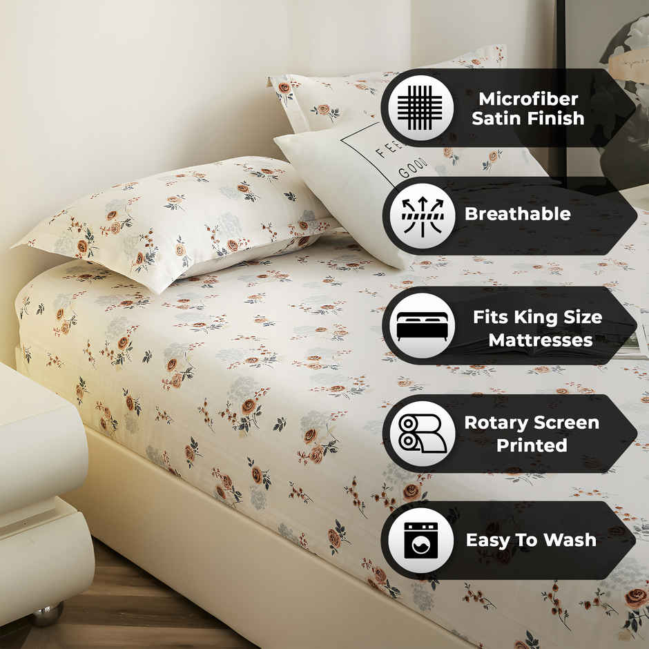Story@Home Cotton Blend King Fitted 210 TC Floral Bedsheet with 2 Pillow Covers | White & Brown