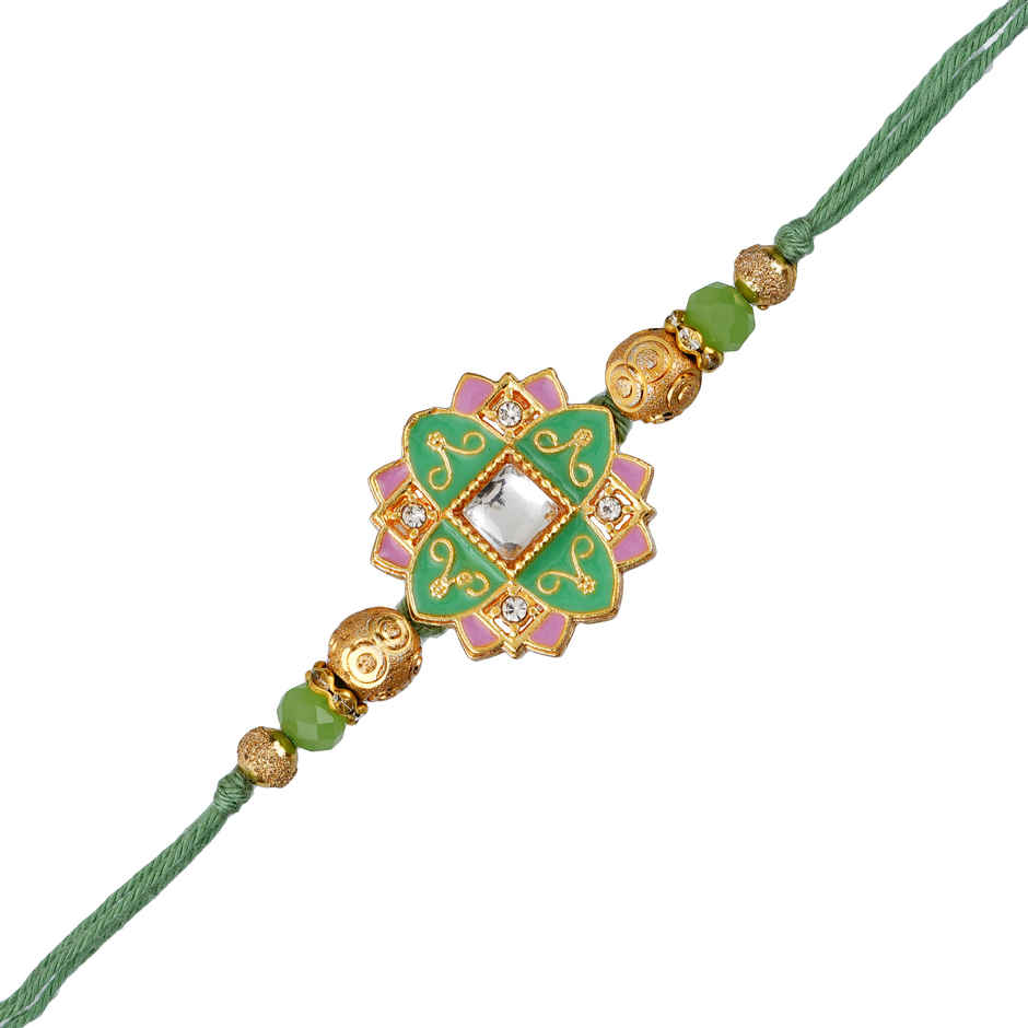 Meenakari Green, Pink & Golden Designer Rakhi for Brother & Roli Chawal Pack (eCraftIndia)