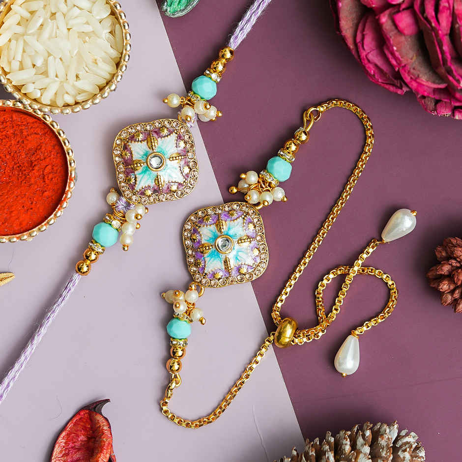 Bhaiya Bhabhi Lumba Rakhi | Floral Designer | Includes Roli Chawal | Pack of 2 | Ecraftindia