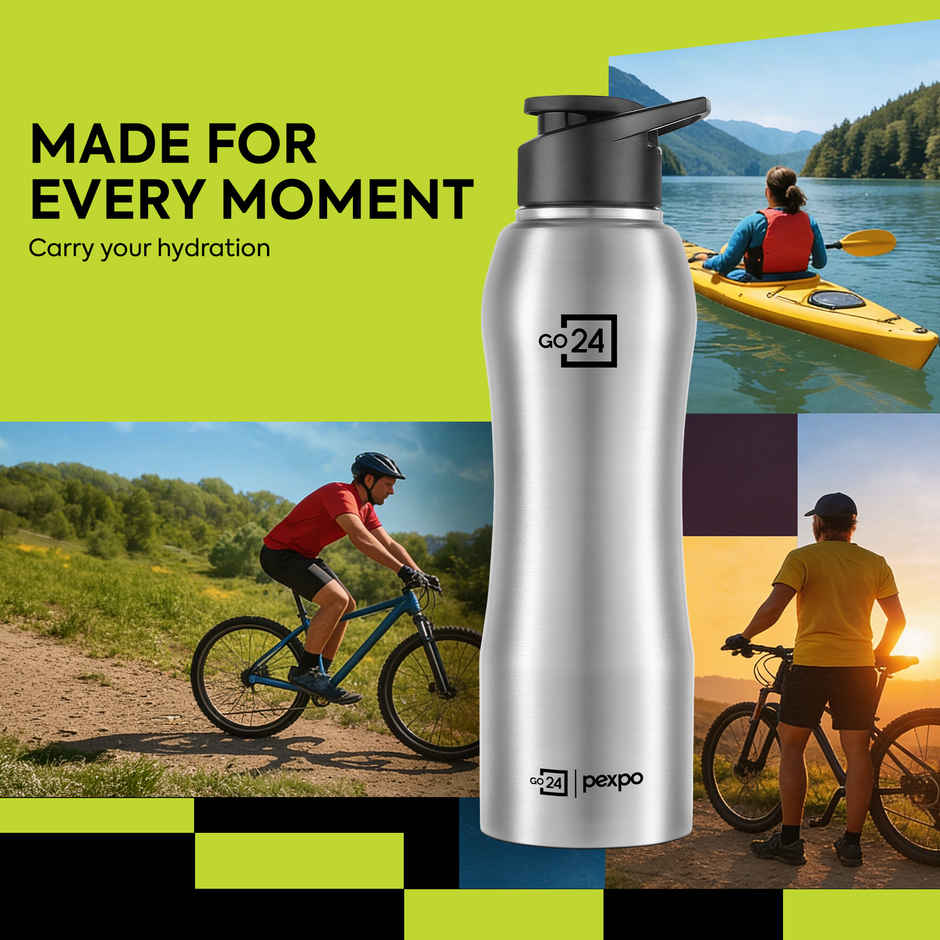 Go24 | Pexpo Bistro 1000 ml Sports And Hiking Stainless Steel Water Bottle (Pack Of 1 Silver Steel)