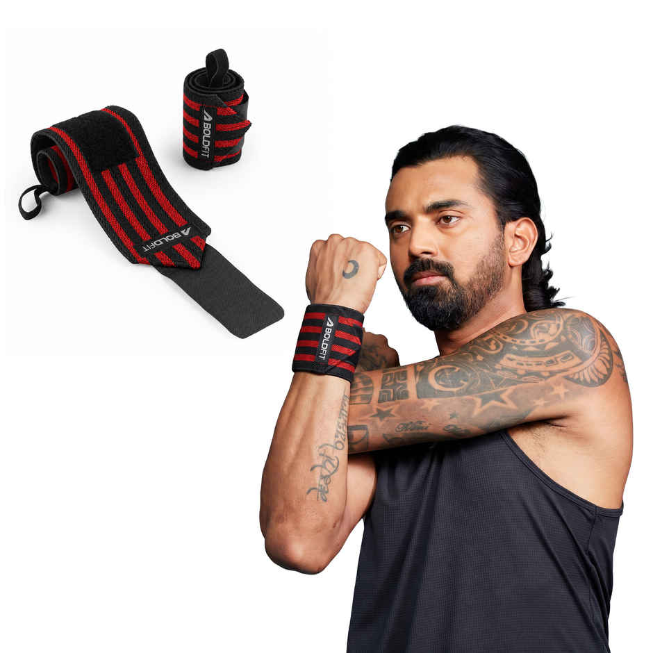 Boldfit Cotton Wrist Band For Men & Women, Wrist Supporter For Gym Red Black 2 Stripes