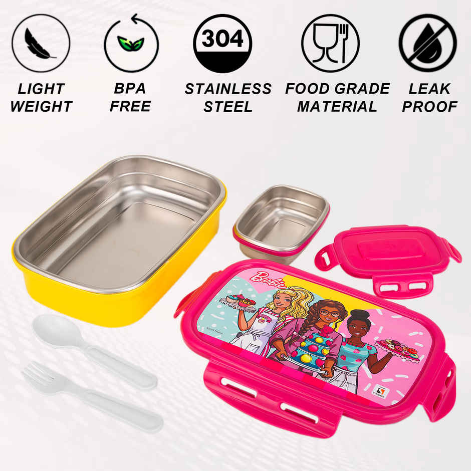 Striders Barbie Single Compartment Lunch Box With Cutlerys Multicolor | 310 ml