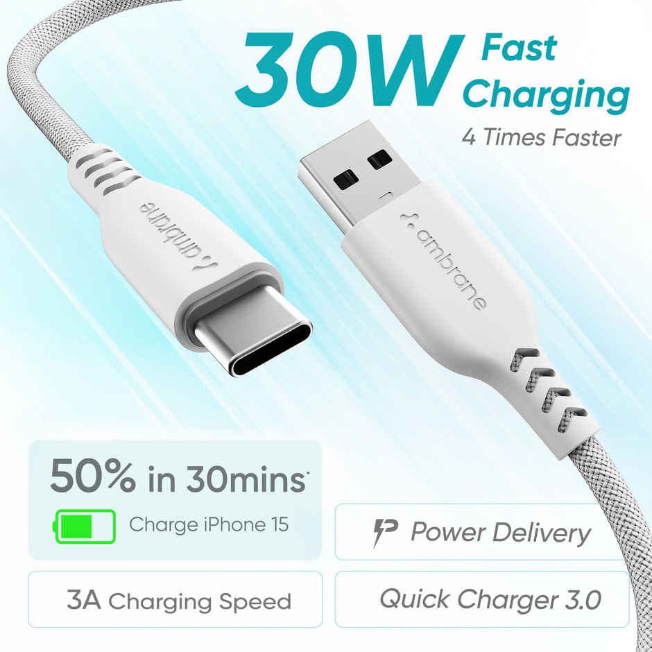 Ambrane Unbreakable 60W Fast Charging Braided Type C Cable for Smartphone & Other Devices - 1 m