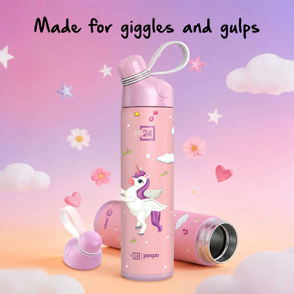 Go24 | Pexpo Stainless Steel Pico Cute Sipper Hot & Cold Water Bottle | Unicorn UV Printed | Pink | 500 ml
