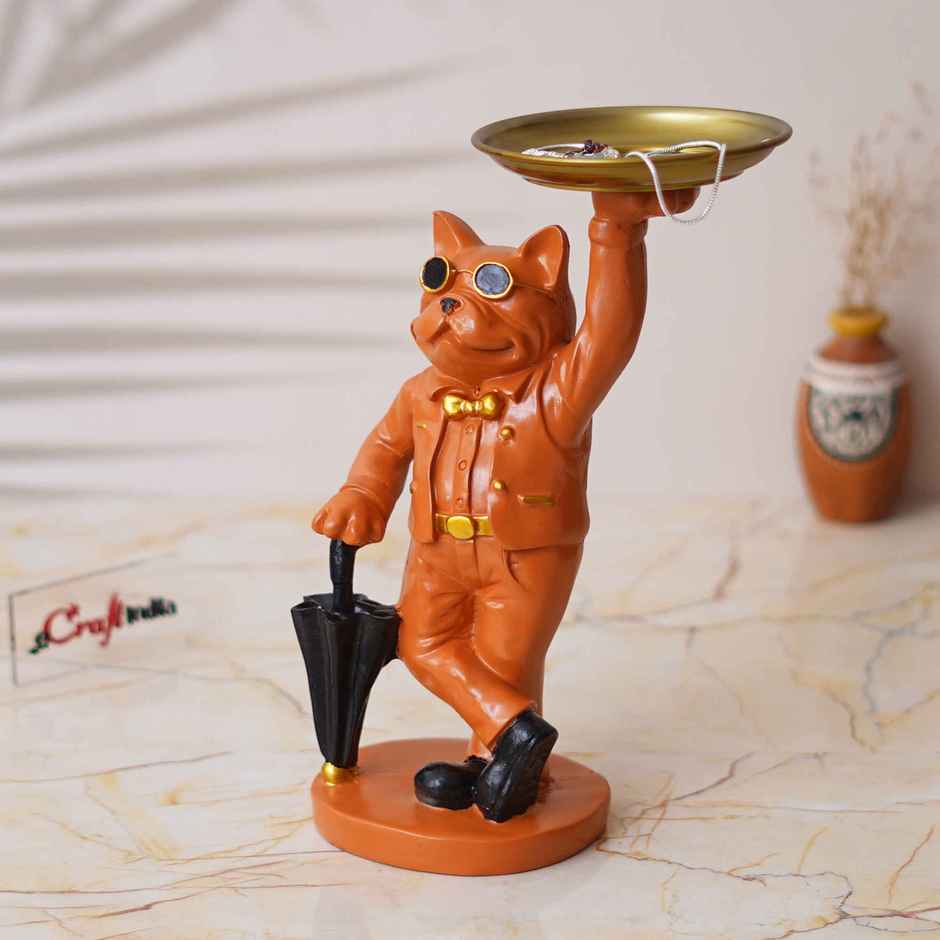 eCraftIndia Bulldog Statue in Glasses Holding Black Umbrella & Tray