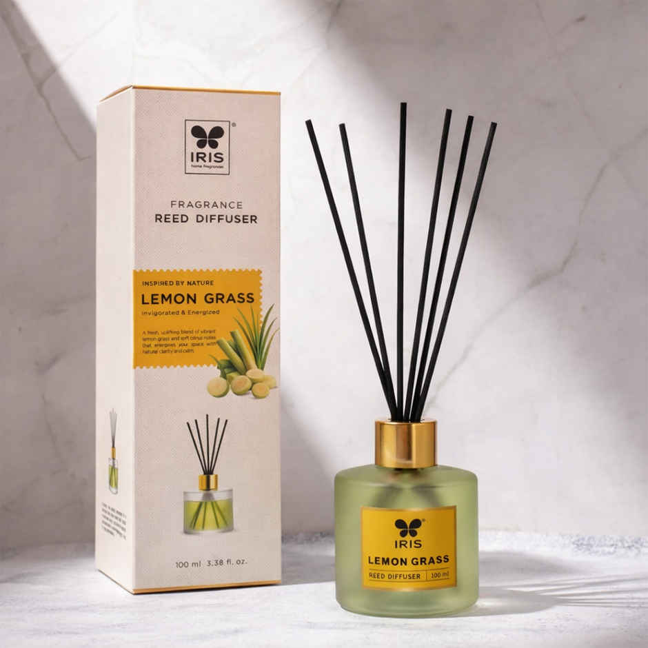IRIS Lemongrass Frosted Glass Reed Diffuser Set | Oil and 5 Fibre Reed sticks