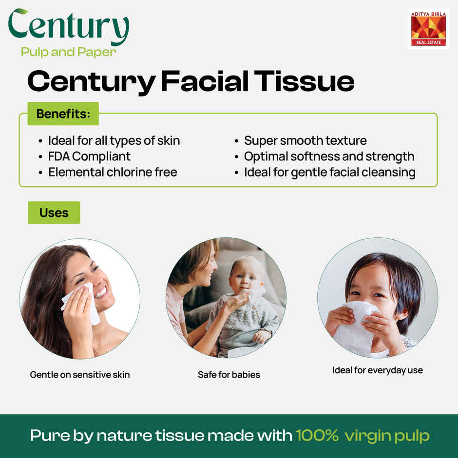 Century 2 Ply 100% Virgin Pulp Face Tissue - 200 Pulls Per Roll | Pack of 4