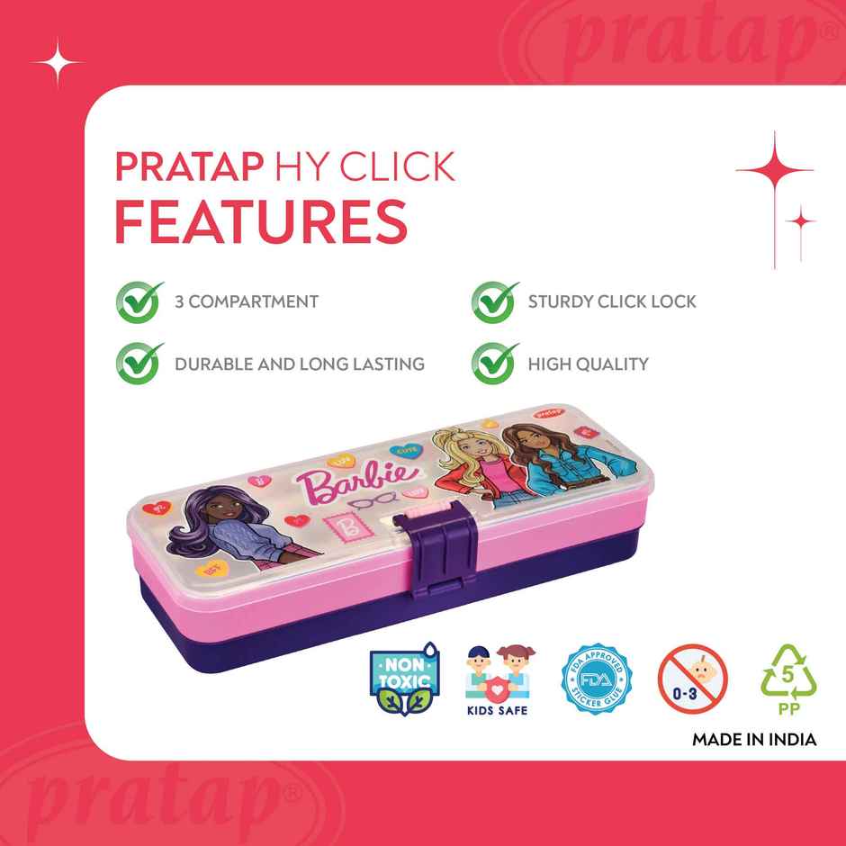 PRATAP Hy Click Pencil Box with 3 Compartment with Clip Lock | Pink & Purple | Barbie
