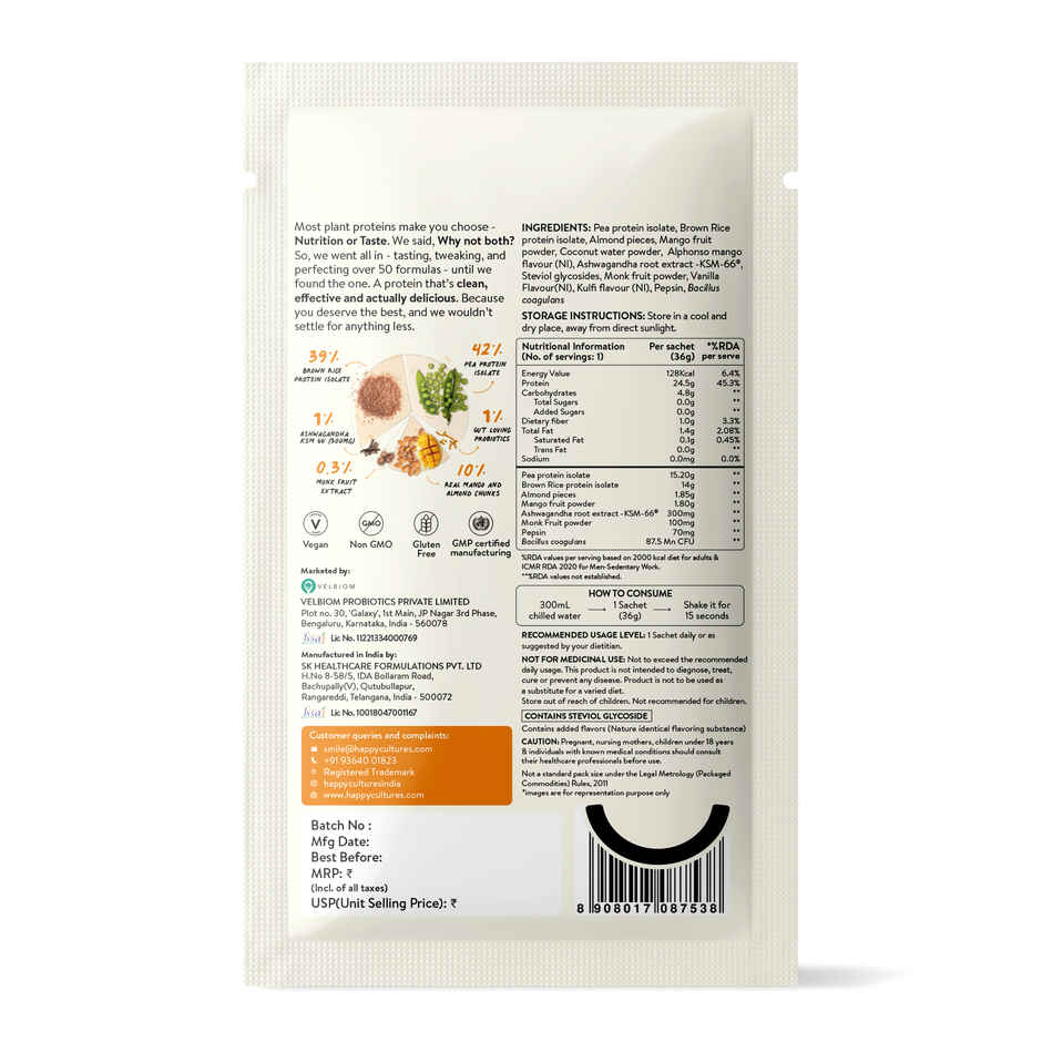 Happy Cultures 24g Plant Protein| Alphonso Mango|Pea & Brown Rice Protein Isolate