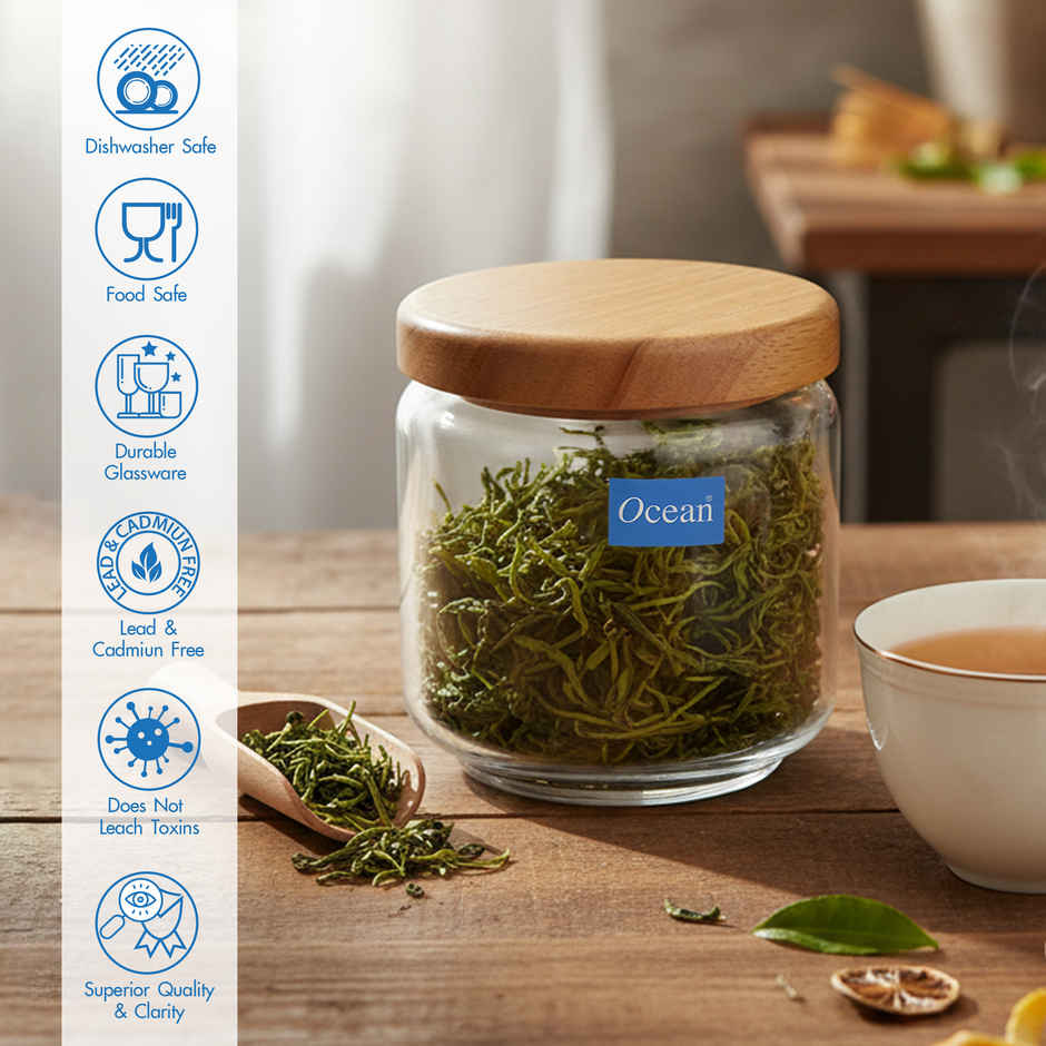 Ocean Pop Glass Jar Set with Wooden Lid (500 ml, 6Pcs)