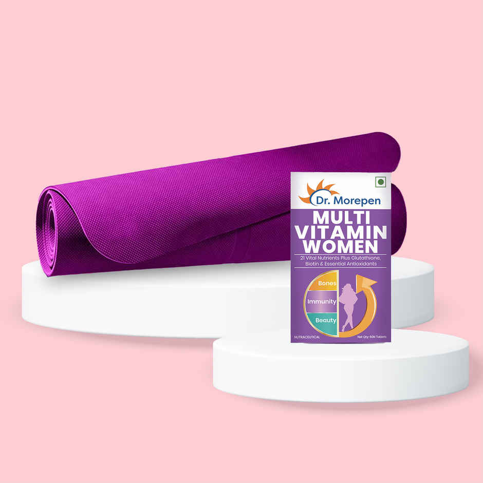 Boldfit 6Mm Yoga Mat | Durable Eva Material For Comfortable Workouts - Purple (1pc) & Dr. Morepen Multivitamins For Women With Calcium For Energy & Immunity Boost - 60 Veg Tablets (1pc) Combo