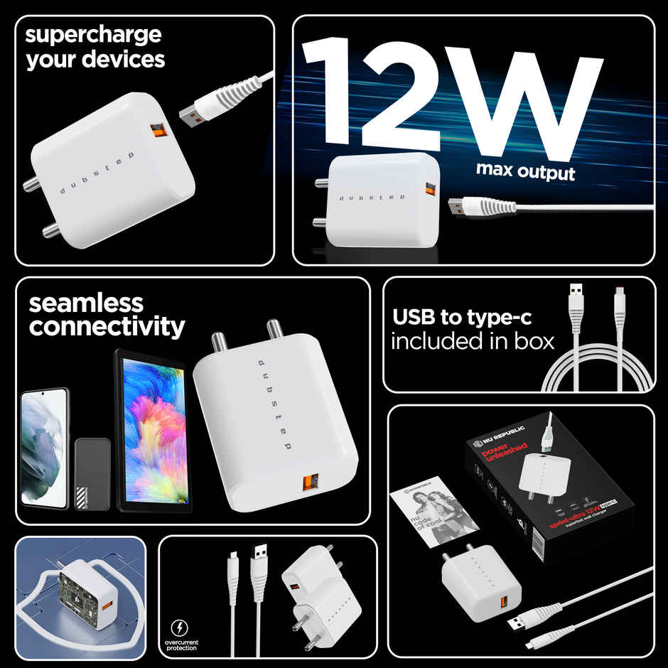 Dubstep Sprint 12W 2.4A Fast Charging Adapter With Cable (Usb-A To Type-C )