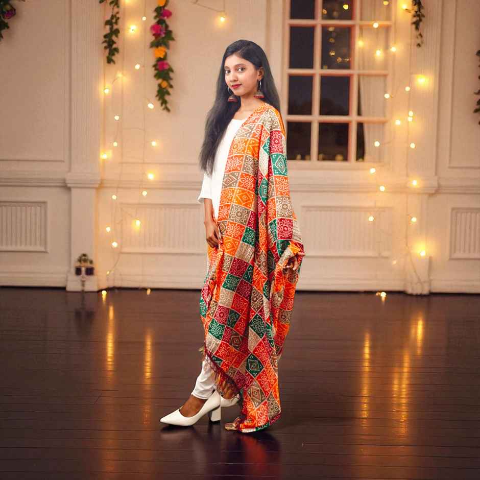 Multicolor Print Dupatta with Red Base | House of Festivals