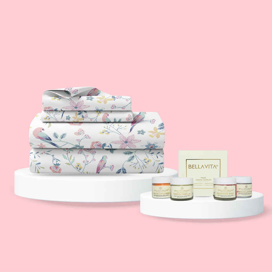 Haus & Kinder Exotic Wings King Bedsheet - 100% Cotton (270X270Cm) (1pc) & Bella Vita Organic Vanilla Candles - Cinnamon Lavender & Rose Aroma (240g) Combo