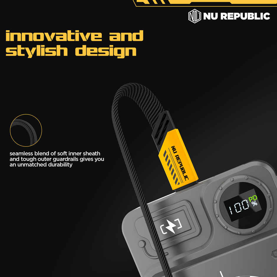 Nu Republic Blaze Fusion 120W 1.2 M Type-C To Type-C Fast Charge Carbon Fibre Texture Braided Cable (Compatible With Mobile, Tablet, Laptop, Speakers)1.2M - Yellow & Black