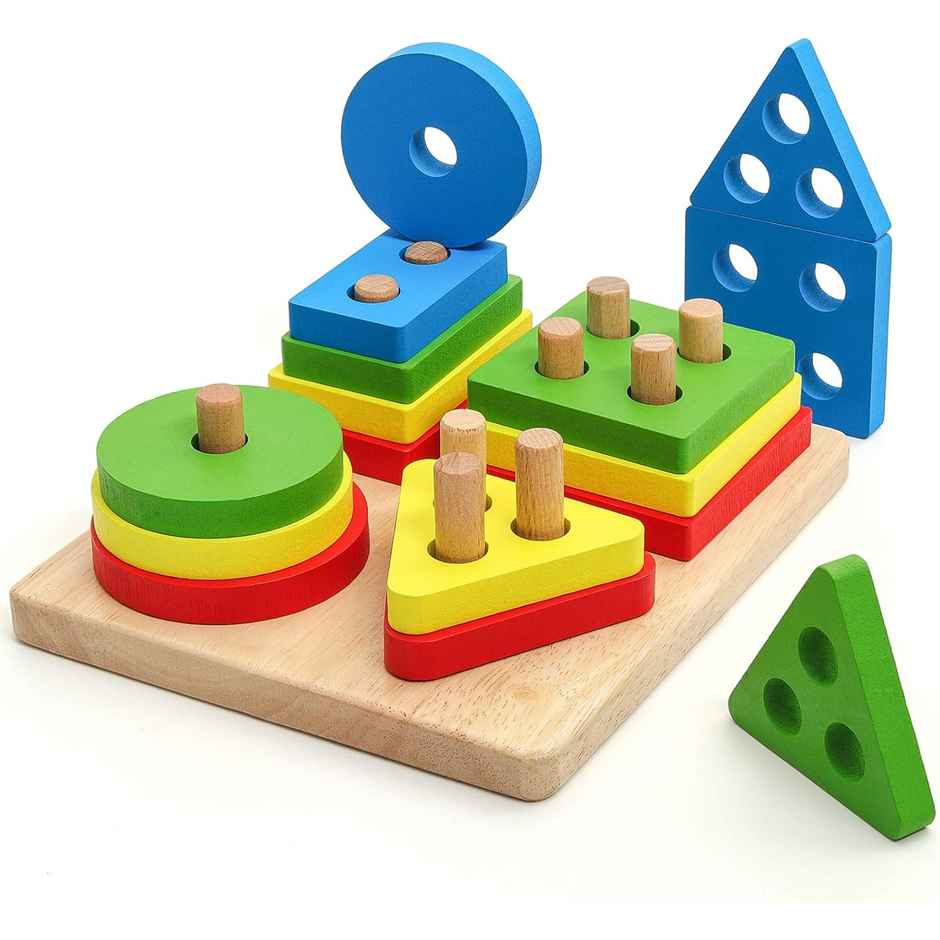 Kidology Wooden Geometric Shapes Shorter Stacking Toy Puzzle | Montessori Toys for 1+ Year Old