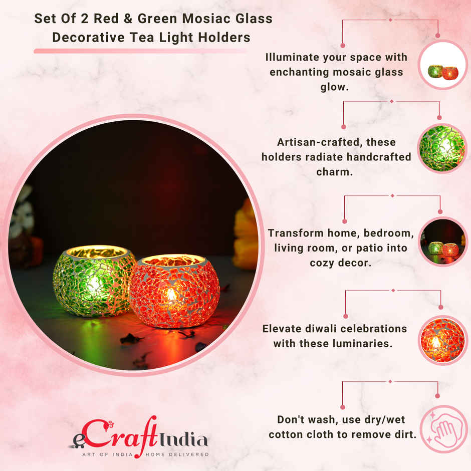 eCraftIndia Red & Green Set of 2 Mosiac Glass Decorative Tea Light Holder/diya