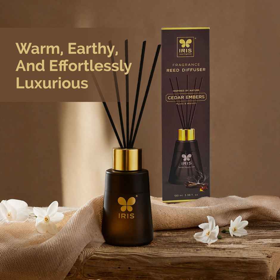 IRIS Cedar Embers Frosted Glass Reed Diffuser Set | Oil and 5 Fibre Reed sticks
