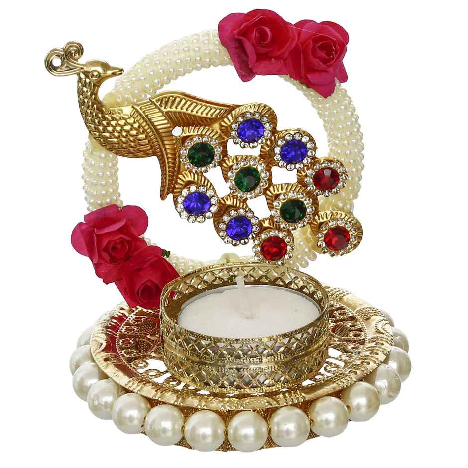 eCraftIndia Metal Peacock With Stones Handcrafted Tea Light Holder