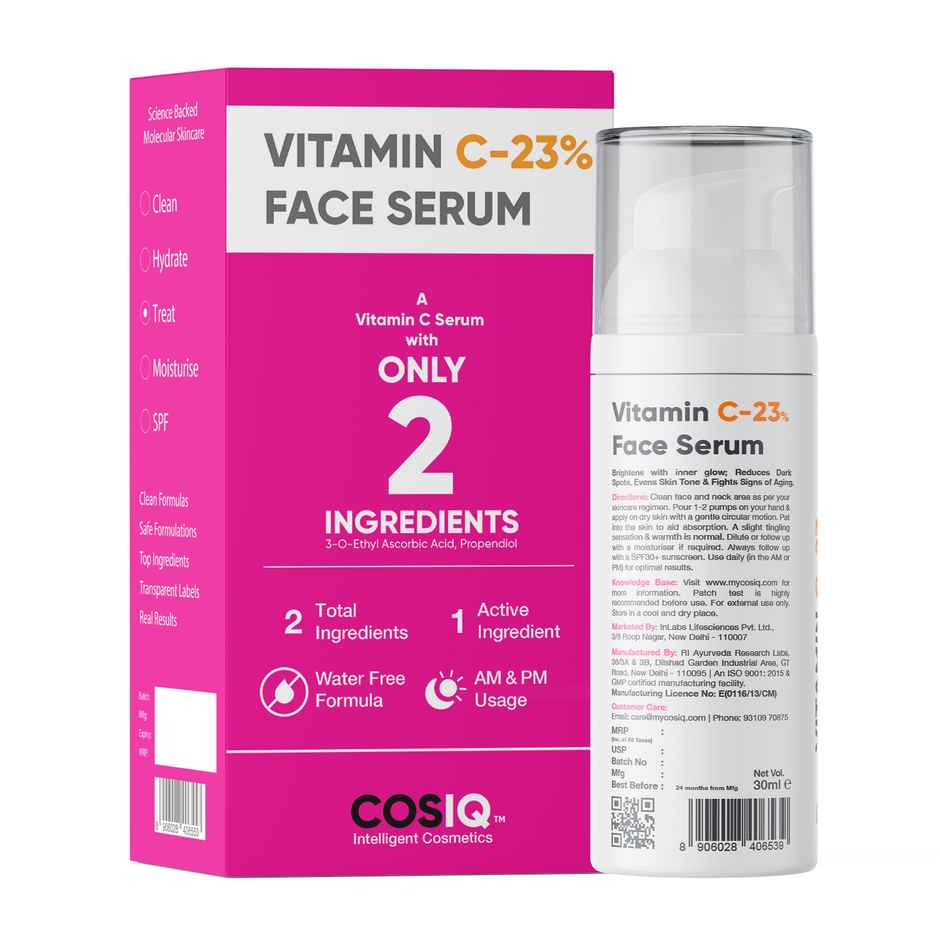 CosIQ 23% Vitamin C Face Serum Brightens Skin, Revives Dullness & Evens Skin Tone for All Skin Types