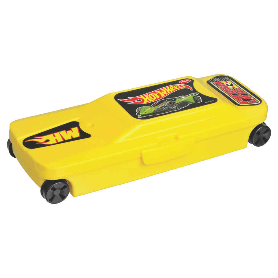 PRATAP Racing Car Pencil Box with Wheels | 2 Compartment | Yellow | Hot Wheels