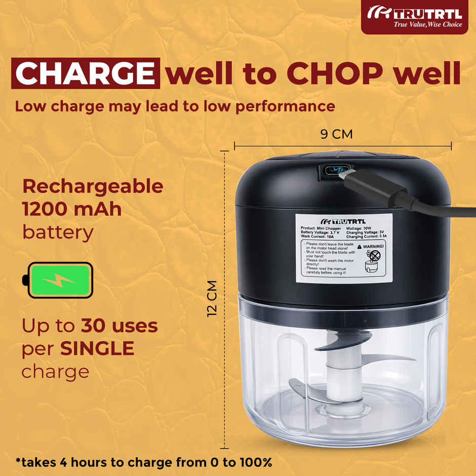  truTRTL Smart Electric Chopper | 1200 mAh Battery | Onion & Vegetable Cutter | Black - 250 ml