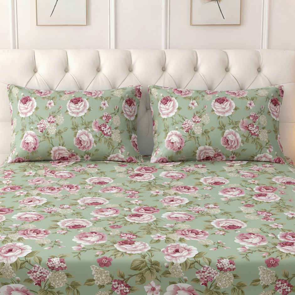Raymond Home 120 GSM Hazel Floral Double Bedsheet with 2 Pillow Covers Green