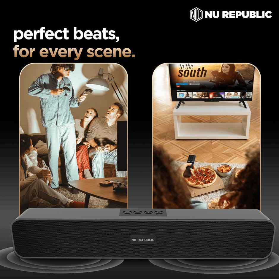 Nu Republic Soundbar 20 Bluetooth Soundbar with X-Bass Technology, 52mm Dynamic Drivers, Upto 12 Hrs Playtime, 20 W Output, Aux/USB Port, 5.0 Channel - Black