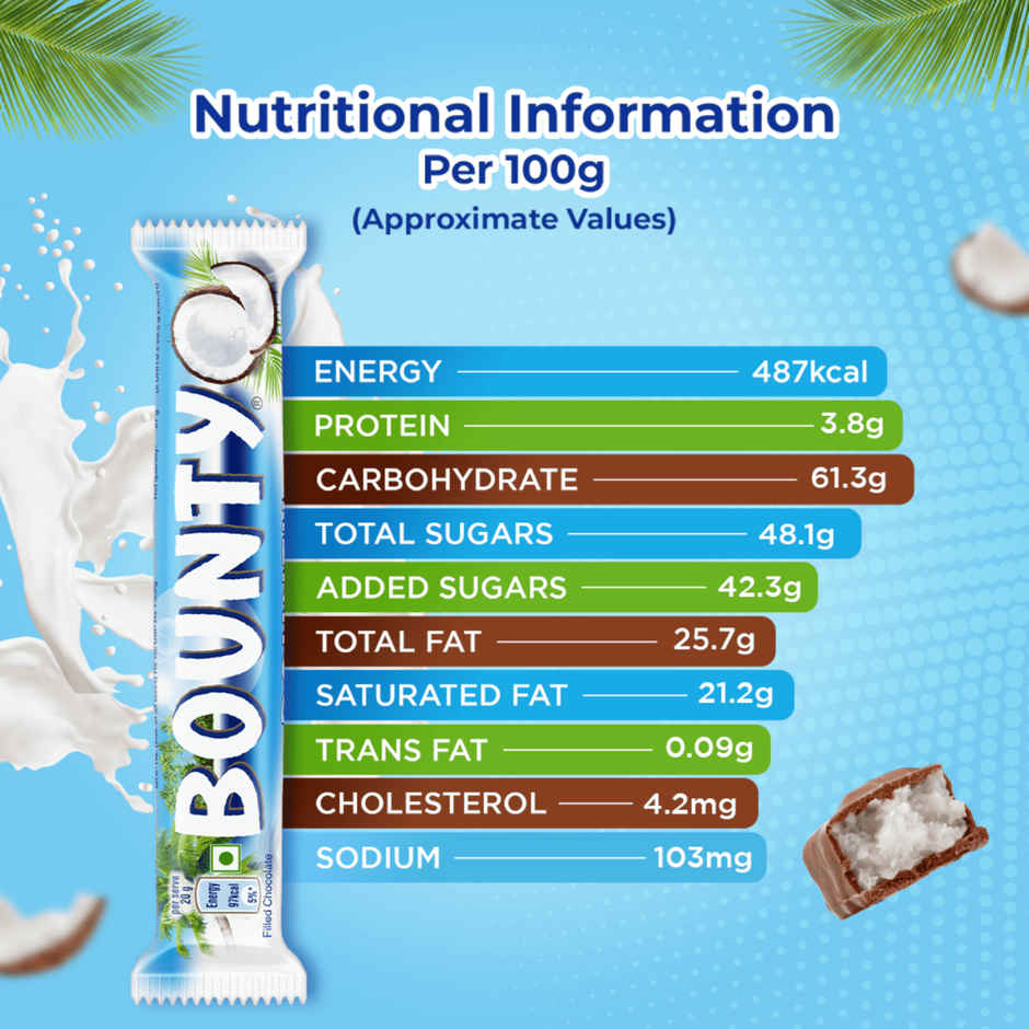 Bounty Coconut Filled Chocolate Bar, Soft & Tender Coconut In The Centre