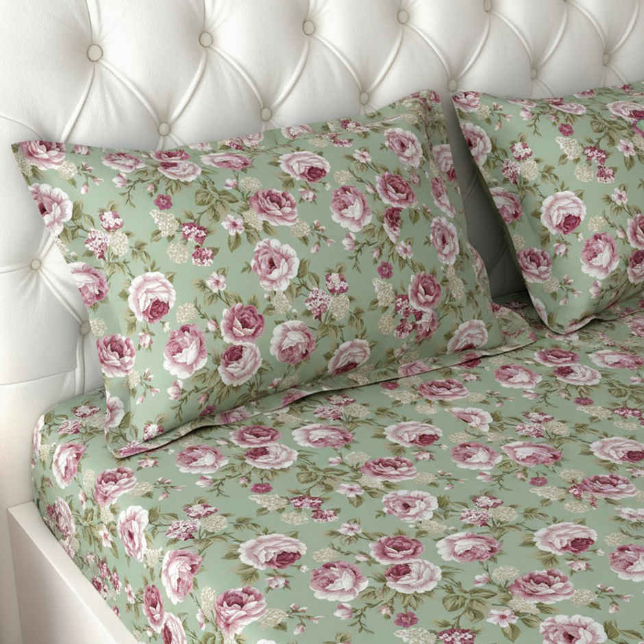 Raymond Home 120 GSM Hazel Floral Double Bedsheet with 2 Pillow Covers Green