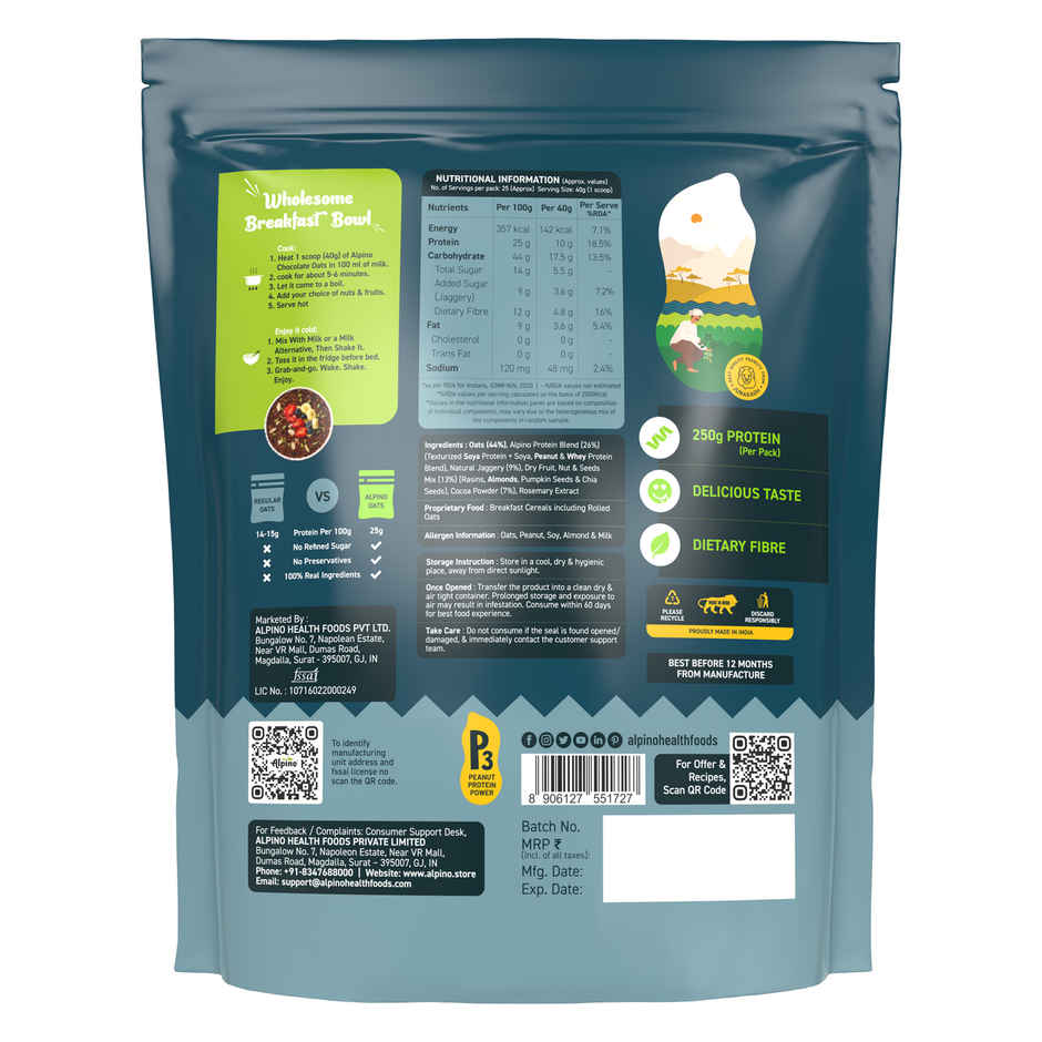 Alpino 25g High Protein Oats Dark Chocolate with Dry Fruit Nut & Seed Mix | No Refined Sugar & Salt