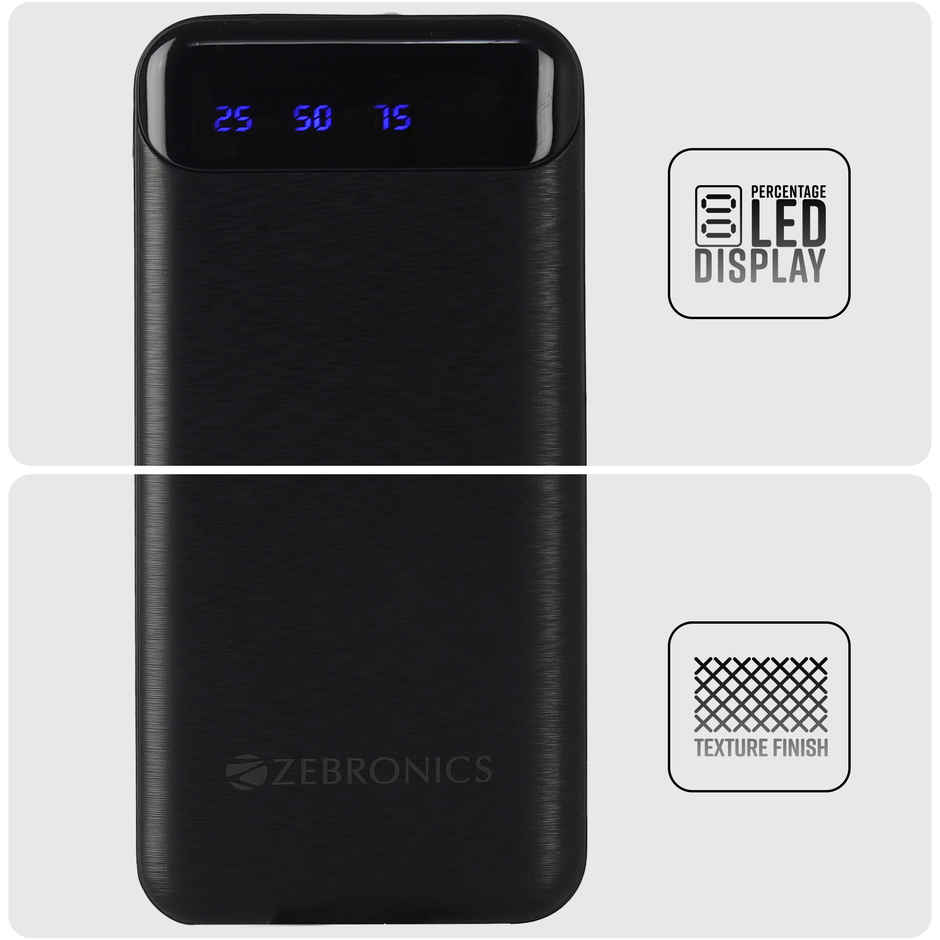 Zebronics MB10000S4 Power Bank, 10000 mAh, Dual USB Output, Type C & Micro USB Input, LED Display