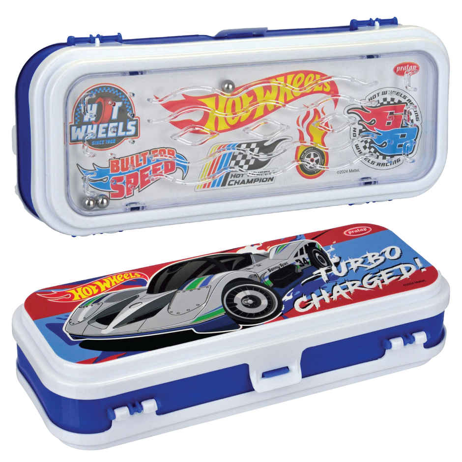 PRATAP Hy School Game Pencil Box 3 Balls in a Maze Game | 2 Compartment | Blue & White | Hot Wheels