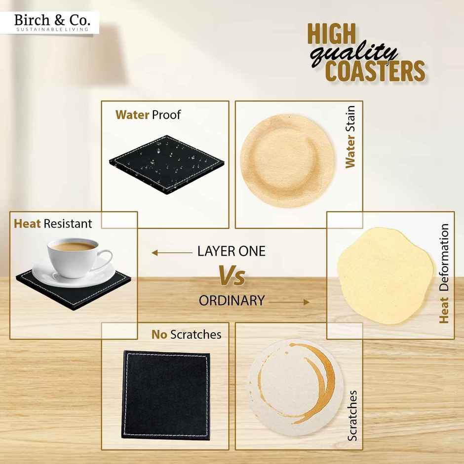 Birch & Co. Leather Coaster | Black Coaster Set of 6 with Holder