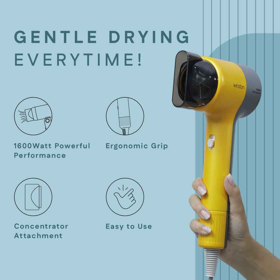 Winston Hair Dryer 1600W - Turbo X with Low Noise & Overheat Protection | Black and Yellow