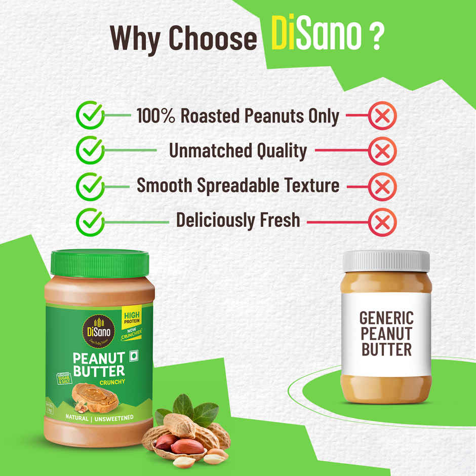 DiSano Natural Peanut Butter - Crunchy, Unsweetened, 28.3% Protein, No Added Sugar, Peanut