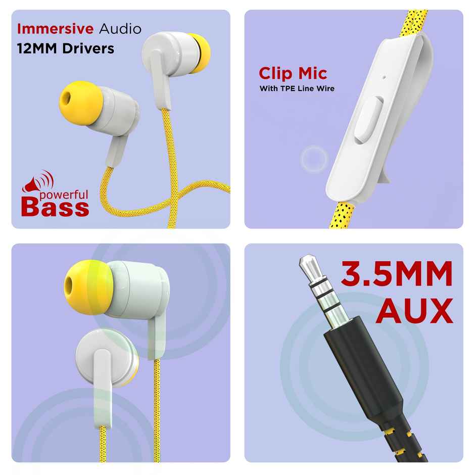 Aroma HF505 Clear Hi-Fi Sound | Deep Bass Wired Earphone with Mic | Yellow - 3.5 mm Jack