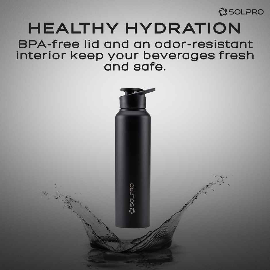 Solpro Alpha Stainless Steel Water Bottle | Gym Bottle | Odor & Bpa Free | 1 L | Black